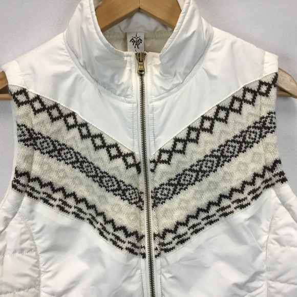 Prana Quilted Sweater Fair Isle Puffer Vest Ivory Full Zip Outdoor Size L - Picture 4 of 9